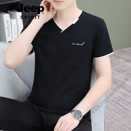 Jeep Spirit Summer Thin Men's V-Neck T-shirt à manches courtes à manches courtes Coton Coton Slim décontracté et polyvalent à demi-manche à manches à manches à manches vertes clair Q694 CARQUE COURTE M M
