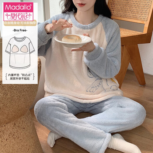 莫代尔带胸垫睡衣女士秋冬季加厚珊瑚绒2024新款可爱熊法兰绒家居服套装 1105脚印熊【带胸垫可拆卸】 XL【建议体重120-135斤】