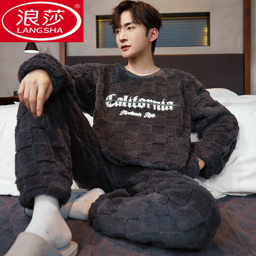 浪莎（LangSha）珊瑚绒睡衣男士冬季圆领套头法兰绒加厚保暖高级感字母绣花家居服 YR12004 2XL (适合体重145-168斤)
