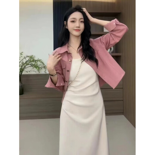 FHHUABD妮妮上新2024春装新款女装韩版磨毛衬衫外套褶皱吊带裙时尚两件套 粉色外套-9852#-版 单件 XL  118-130斤