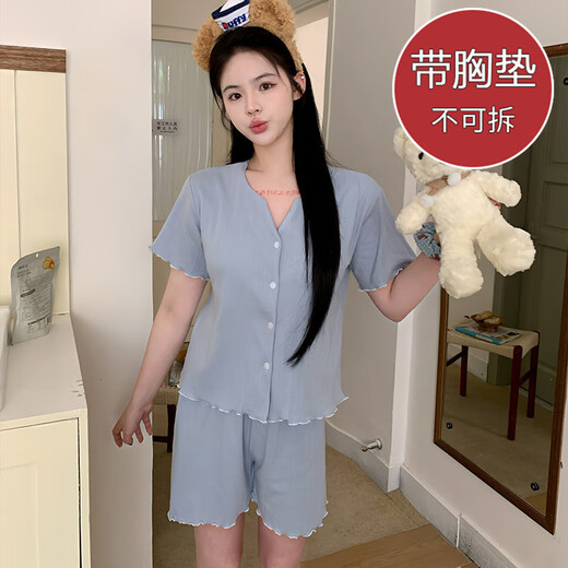 Yalu chest pad short-sleeved pajamas summer cardigan jacquard cotton home clothing princess style print double short set DW683 blue flower (with chest pad) XL (120-140Jin[Jin equals 0.5 kg])