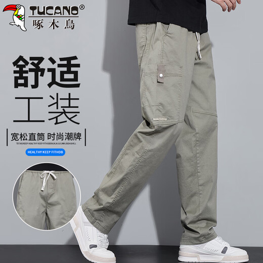 Woodpecker (TUCANO) pants men's autumn and winter casual pants men's high-end American overalls loose straight versatile trousers light green L