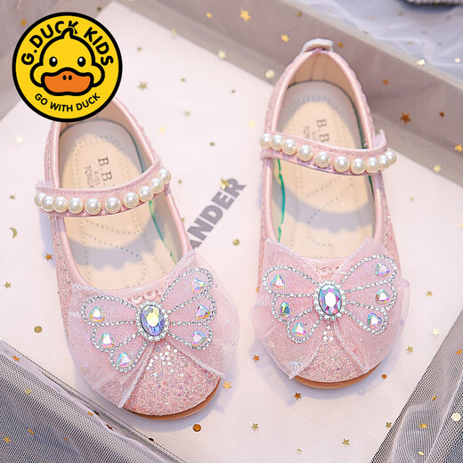 G.duck Girls Princess Elsa Shoes 2025 New Korean Style Bow Little Girls Soft Sole Shoes Pearl Crystal Small Leather Shoes RX116 Pink 29