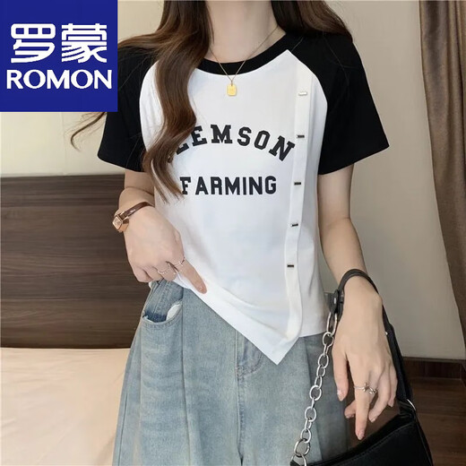罗蒙（ROMON）纯棉短袖女t恤夏季大码女装胖妹妹正肩显瘦设计感小众不规则上衣 粉色【二师兄756】 4XL 【建议170-200斤】