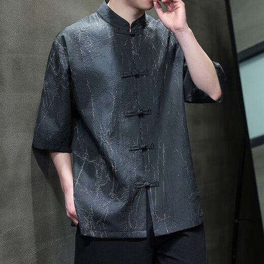 Mr. Guans nationaler Trendstil Retro-Herrenkleidung Tang Anzug Sommer Dünnes High-End-Kurzärmel-Hemd Fett Mann großer halbärmeliger Tai Chi Anzug D967 Black XL