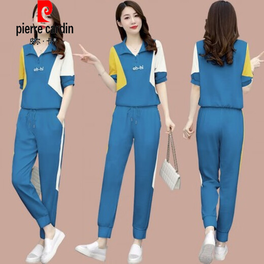 Pierre Cardin 2025 Summer New Loose Fashionable Casual Sportswear Suit Women's Fashionable Style Ice | Silk Short Sleeve Two Pieces (1389) Blue M (Recommended 100 Jin Jin is equal to less than 0.5 kg)