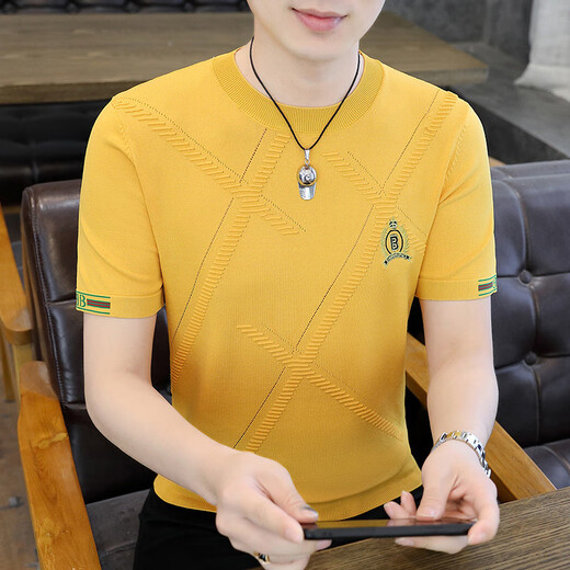 
Bolomido luxury international high-end brand new knitted ice silk short-sleeved men's summer new fashion brand slim high-end round neck 1518 khaki M