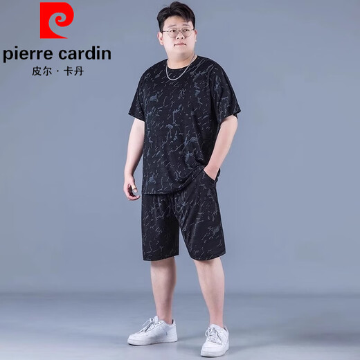 皮尔卡丹（pierre cardin）冰丝运动套装男夏季大码薄款男士速干五分裤胖子加肥加大宽松短袖 PZ830黑色 高质量冰丝套装 6XL 建议225250斤