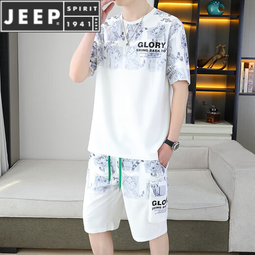 JEEP SPIRIT2025夏季新款短袖套装男百搭短裤休闲运动两件套渐变色男装 6187蓝色 M