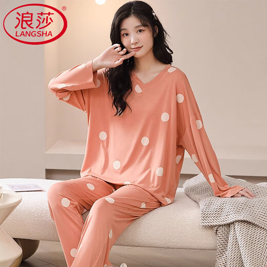 浪莎（LangSha）轻奢莫代尔女士睡衣春秋套装薄款冰丝长袖秋季可外穿大码家居服 【莫代尔V领】3882 M 【建议80-100斤】