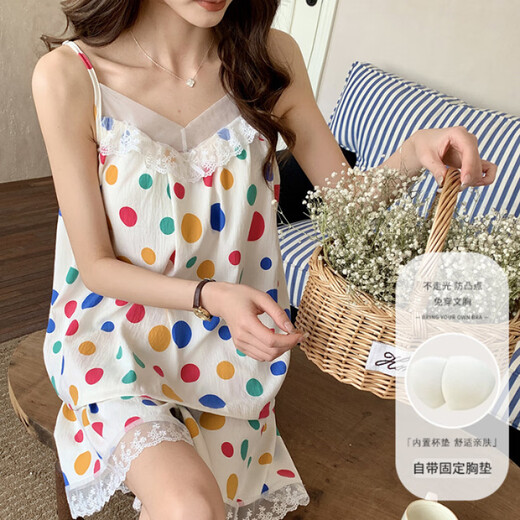Jingpufei nuage d'été coton pyjamas short de suspension féminin ensemble deux pièces de vêtements de maison doux et mignons 834p # petites fleurs avec poitrine m m