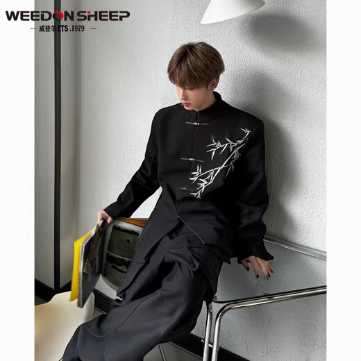 Vaderton Sheep New Chinese Men's Chinese Style Spring and Autumn Shoulder Pad Suit Jacket Men's Sexy Casual Zhongshan Suit Suit Set Black Jacket + Black Short T+ Black Pants [Three pieces XL
