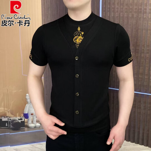Pierre Cardin T-shirt floral de soie glace à manches courtes à manches courtes Polo de la mode de luxe de haute qualité Business Business T-shirt polyvalent 7018 Black M 120Jin [Jin est égal à 0,5 kg]