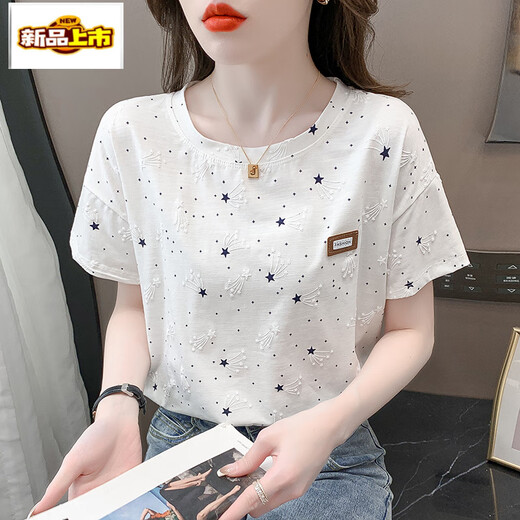 初径纯.棉印花t恤女短袖夏装2025年新款宽松印花设计感百搭体恤上衣潮 1396#白色 S 适合80-99斤