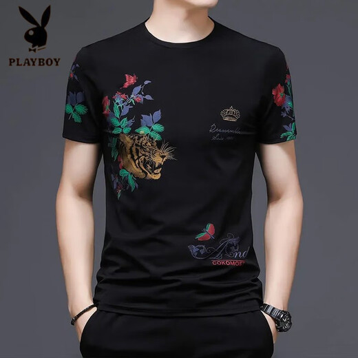 Playboy (PLAYBOY) Chinese style tiger head trendy men's short-sleeved T-shirt fashion printed large-size men's base shirt half-sleeved loose top 829 black letters M 165 [recommended 100-120 Jin [Jin equals 0.5 kg]]
