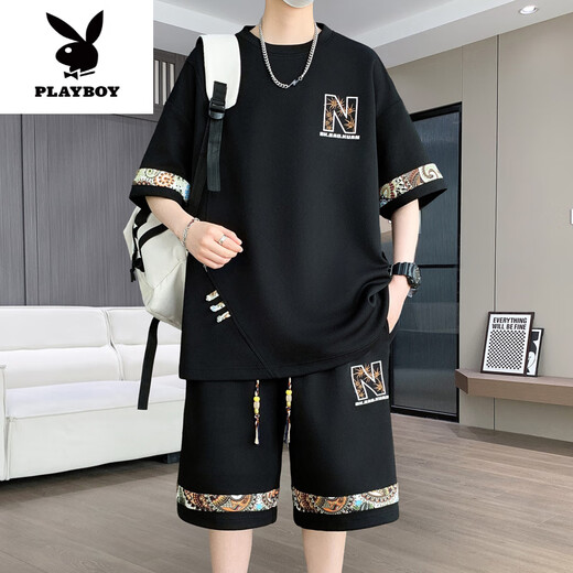 花花公子（PLAYBOY）2025年夏季新款中国风时尚休闲男士套装圆领短袖T恤短裤两件套潮 【短.袖套装】6195 米白色 L (建议115-130斤)