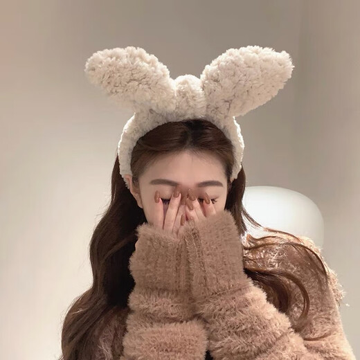 Plush rabbit ears face wash headband and headwear for women, high-end makeup press headband and hairpin, brown