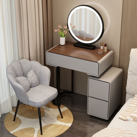 Tangshan (TANGSHAN) Tangshan cream style dressing table bedroom modern simple small apartment makeup table bedside storage chest cabinet desk mirror gray-walnut desktop (black round mirror) 655mm (60 table + side cabinet) + grid stool
