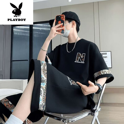 
Playboy (PLAYBOY) 2025 summer new short-sleeved youth trendy large-size casual sports suit for men fashion versatile two-piece set [Summer suit] 6195 black 4XL 190-210Jin [Jin equals 0.5 kg]