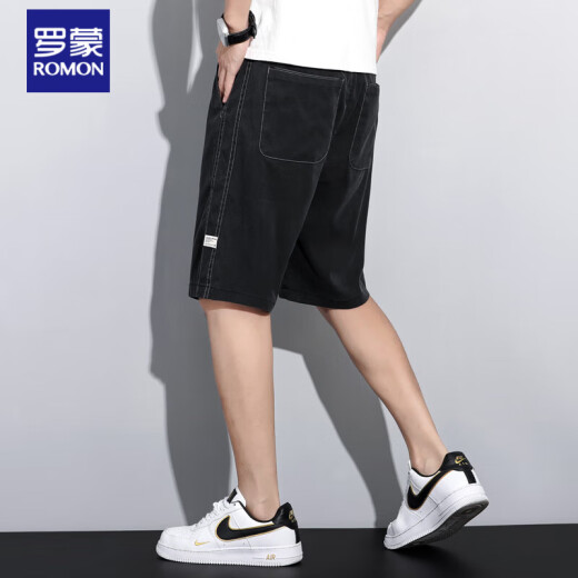 
ROMON (ROMON) Tennis denim shorts men's five-point pants summer ultra-thin loose straight wide-leg pants men's trendy brand ice silk casual mid-sized pants 1049 black 4XL 180-195Jin [Jin equals 0.5 kg]