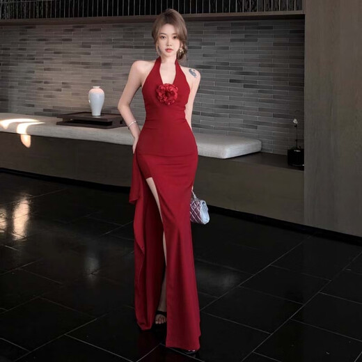 Glühen-in-the-Gloss-Nackenkleid für Frauen im Sommer schlanker Kleid für Frauen, reine hüftrüttende und geschlitzte Hüftrock, sexy V-Neck-Rock, halber Hüftrock [rot L] 110-120jin [Jin gleich 0,5 kg]