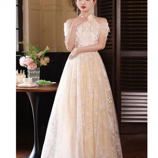 
Sheng Miaoci evening dress engagement new host banquet temperament high-end toast Chinese cheongsam champagne color L