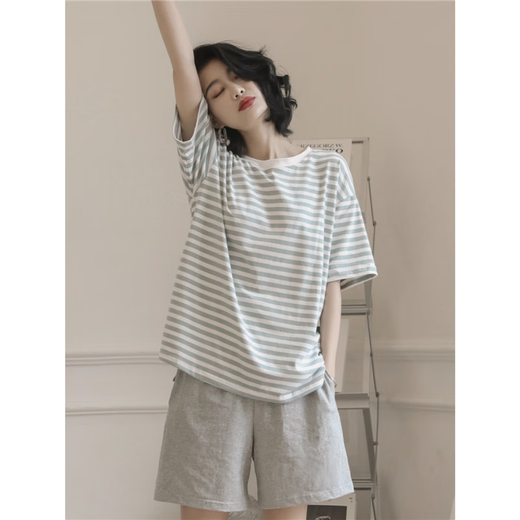 XPAY Japaner 2025 Neuer heißer Pyjamas für Frauen im Sommer Reine Baumwolle kurzärmelige zweiköpfige Sommerstreife Home Clothing XYZT9885 M Damenmodell empfohlen 80-100Jin [Jin gleich 0,5 kg]