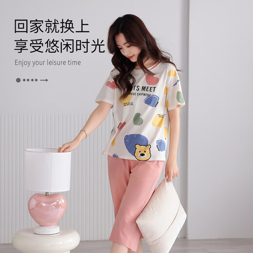 爱戴睡衣女夏季短袖薄款透气纯棉套装七分裤卡通可爱休闲可外穿家居服 9848-香槟色 M