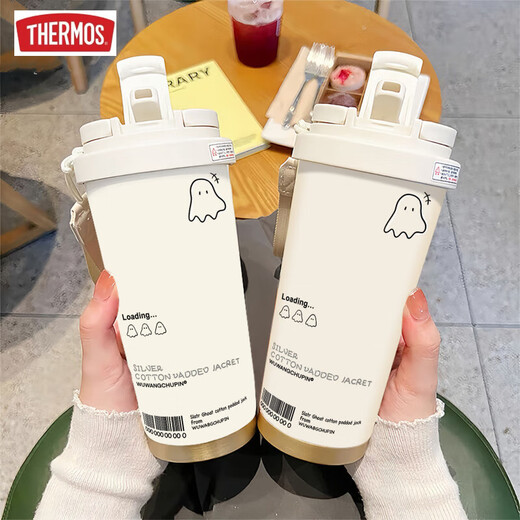 Thermos süße Ghost Thermos Cup High-Precision Student Edelstahl tragbare neue Doppelkaffee-Kaffee und Frauen Strohwasserbecher BXAB13792 Ghost Black + mit Lanyard Ceramic Innenboden