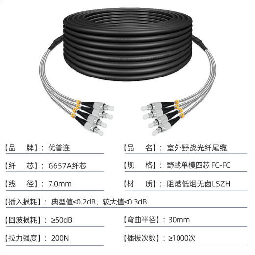 Youpulian Outdoor field optical cable single mode 4 four-core tail cable SC-LC-FC-ST Outdoor base station stretch armored fiber jumper finished optical brazing wire field optical cable single mode four-core FC-FC 50 meters