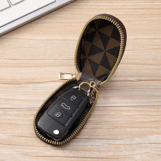 Car keychain black checkered business car zipper fashion key protective cover men and women universal key bag S pattern coffee color