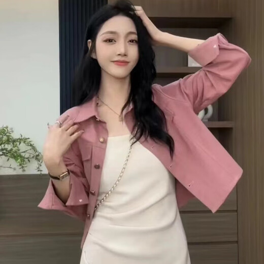 FHHUABD妮妮上新2024春装新款女装韩版磨毛衬衫外套褶皱吊带裙时尚两件套 粉色外套-9852#-版 单件 XL  118-130斤
