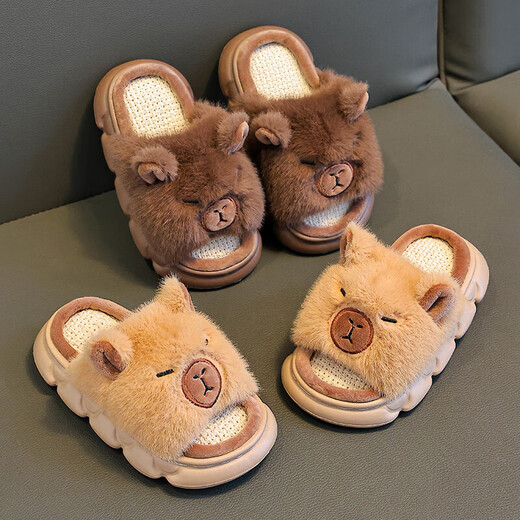 Kapibara children's linen cotton slippers boys spring and autumn non-slip household velvet thickened cartoon parent-child slippers light brown color 12 26/27 size (inner length 16.5, suitable for foot length 15.5
