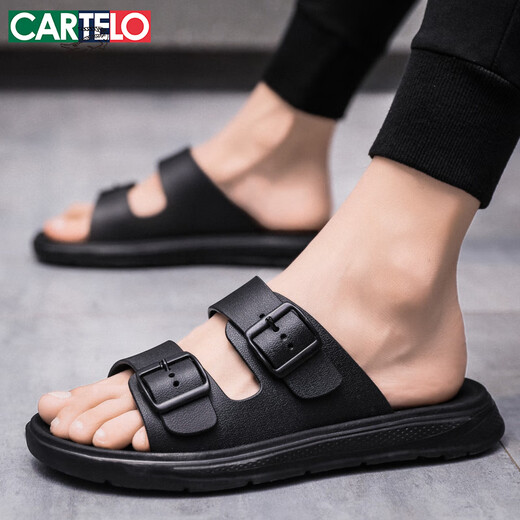 卡帝乐鳄鱼（CARTELO）拖鞋男夏季外穿爆款透气凉拖鞋男休闲一字拖沙滩鞋 黑色 40-41码