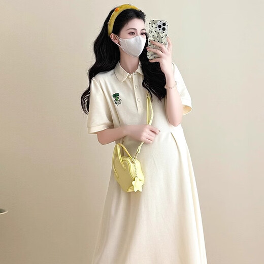革曼孕妇装夏装2025新款时尚纯棉孕妇连衣裙中长款小个子夏季薄款裙子 杏色(优质版) XL(建议130-150斤)