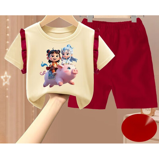 Changxiang Huili Girls Summer Nezha Set 2025 Nuevo shorts de manga corta de moda Camiseta de encaje Conjunto de dos piezas 1098# Lace T+ Borgundy Shorts 120