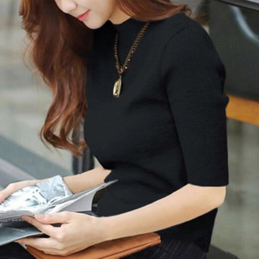 
COLORFUL GEMS new fashionable knitted sweater spring and autumn five-point sleeve base shirt women's clothing 2025 9901-Khaki-five-point sleeve S
