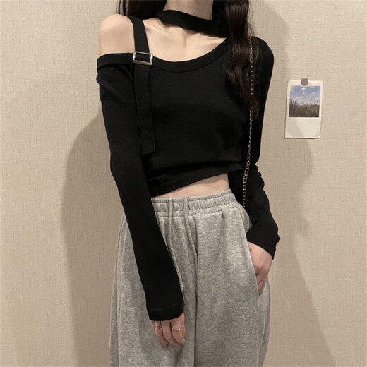 Rongxitu (Rongxitu) Nischen-Frauen-One-Shoulder-Strick-Top-Kurzkoranversion 2025 11303 Schwarz One Size (70-125jin [Jin Equals gonstrichs 0,5 kg] kann getragen werden)
