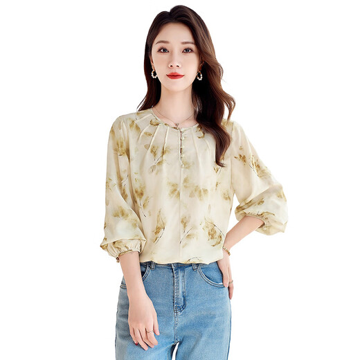 源头工厂夏季新灯笼长袖衬衫女真丝双绉100%桑蚕丝衬衣打底衫9926 绿卡色 均码 M(90-115斤)