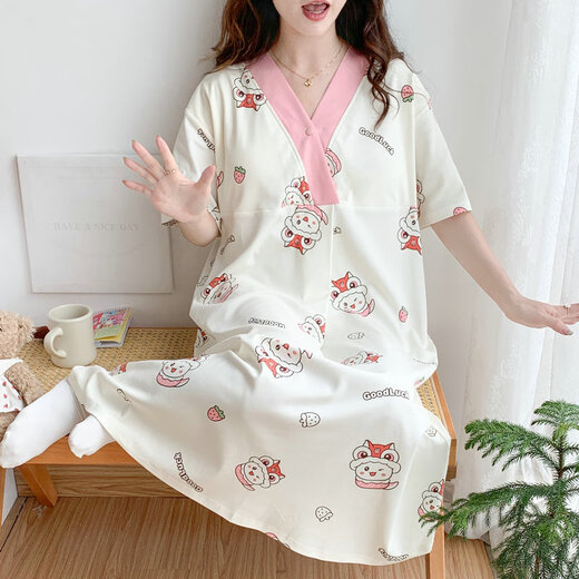Cao Jingjia summer short-sleeved pregnant women's nightgown with chest pad pregnancy pajamas 2025 new style hospitals can wear breastfeeding skirts outside when entering the delivery room QSY16819 short-sleeved skirt XL size Recommended weight 120-135 Jin [Jin equals 0.5 kg]