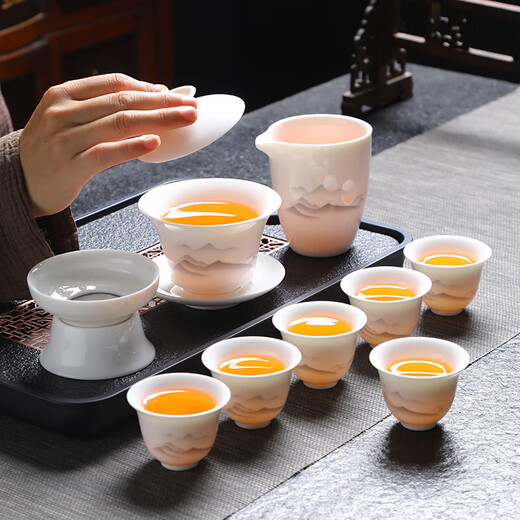 New mutton fat jade tea set set ink white porcelain gift teapot teacup home light luxury tea drinking ink tea bowl 10 heads with tea tray travel pack
