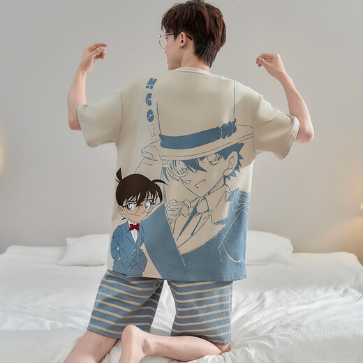 少年情话睡衣男纯棉夏季短袖卡通薄款青少年大码学生夏天家居服套装可外穿 WB1517 L 100-135斤