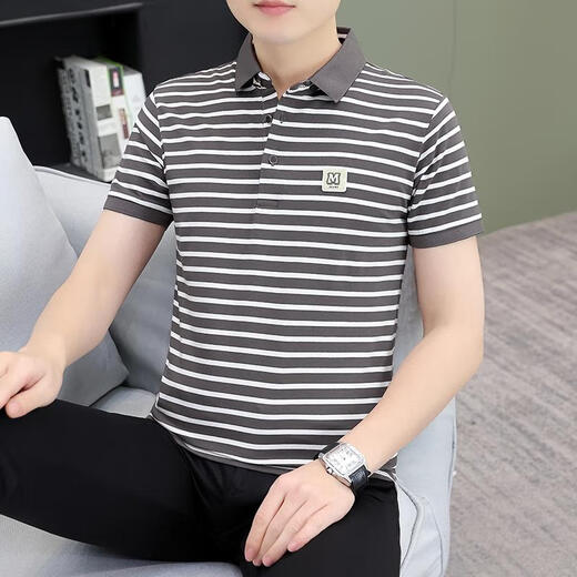 夏季条纹男士短袖体恤纯棉休闲百搭polo衫男装中年带 黑白 QY753 2XL 【建议145-160斤】