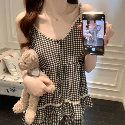 另约睡衣女款夏季吊带格子花边2025新款性感带胸垫高级感家居服两件套 T1502 吊带格子 2XL