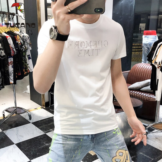 啄木鸟（TUCANO）t恤男士2025夏季新款短袖T恤男修身个性刺绣烫钻欧货丝光棉体恤男 724闪电R蓝绿色 L