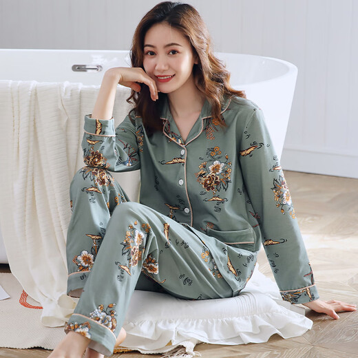 
Caiyun Kali pajamas women's long-sleeved spring and autumn summer cardigan large size loose middle-aged mother's home clothes and thin summer suit can be worn C9906 dark green [main picture] M (recommended 80-100 Jin [Jin equals 0.5 kg])