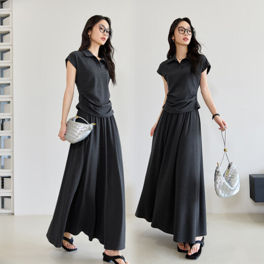 
Vanciman Fashion Suit Skirt for Women 2025 Summer New Temperature Lapel Short Sleeve Top High Waist Slim Skirt M9737 Dark Gray XL