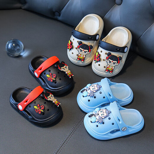 Chaussures de trou pour enfants de Nezha Slippers pour garçons en été Nouveau dessin animé Bébé intérieur sans glissement portant des chaussures d'orteil sandales kaki couleur 28 -29 taille [longueur intérieure 17cm]