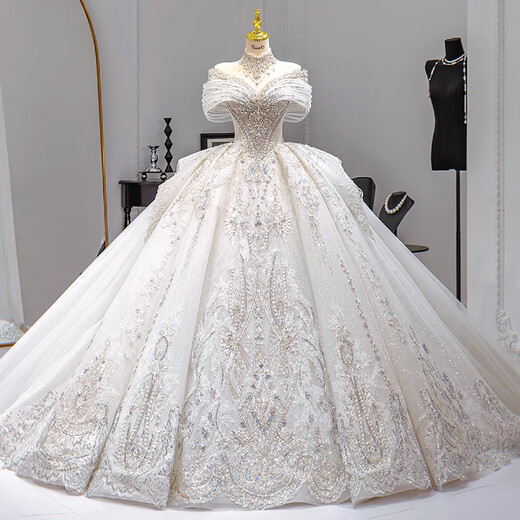 Qinchis neue weiße One-Shoulder French French High-End Hochzeitskleid Braut Hochwertige Textur entkommen Prinzessin Hauptgarn Mädchen weißes Hochzeitskleid xs Single Größe