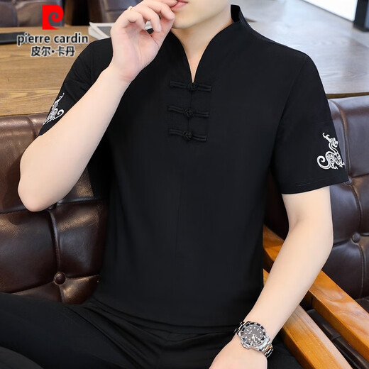 皮尔卡丹（pierre cardin）夏季唐装男短袖t恤中国风盘扣衬衫汉服宽松大码汉服仿棉麻民族风 黑色9871盘扣短袖 L